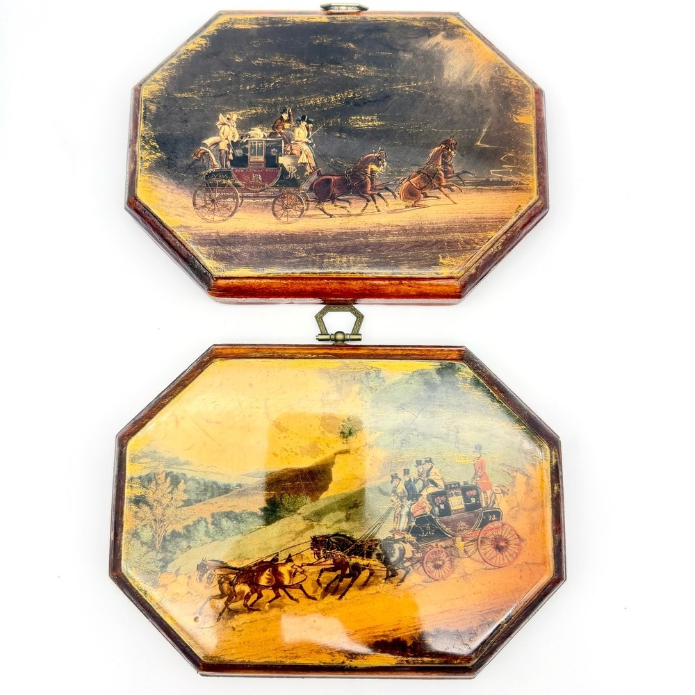 Vintage Pair Octagonal Wooden Wall Plaques Decoupage Stagecoach Decor